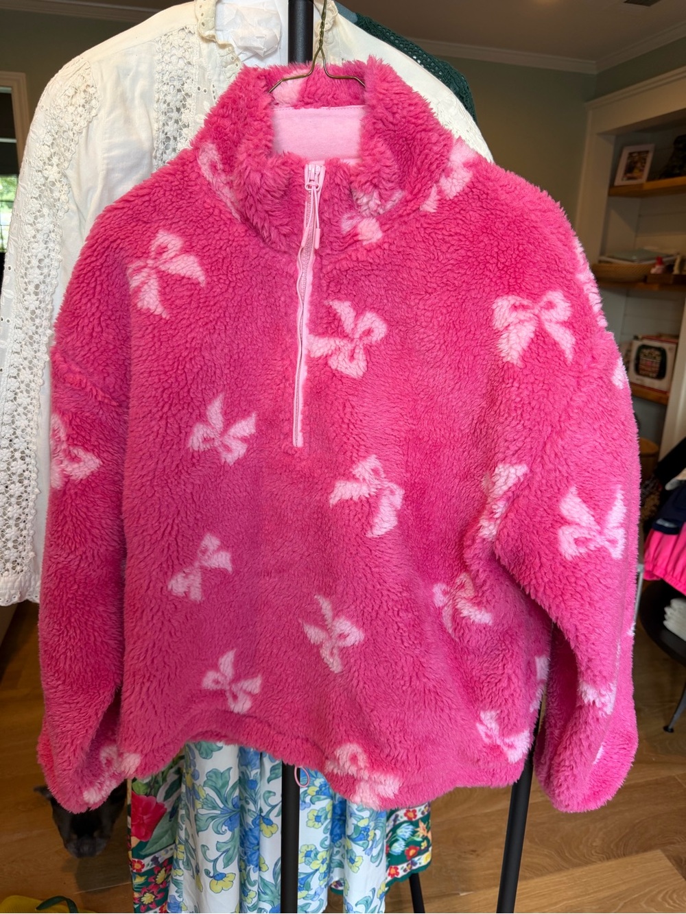 Beach Riot Hot Pink Sherpa Pullover Jacket with White Bow Print